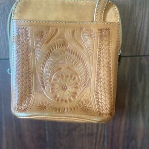 Embossed Tan Leather Crossbody Bag